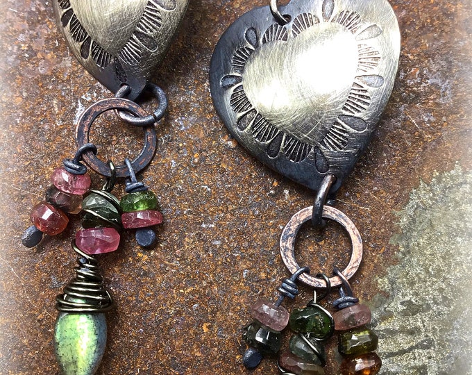 Be still my heart sterling and rustic copper with labradorite and tourmaline dangles