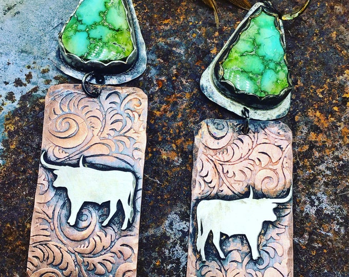 Longhorn love earrings by Weathered Soul made to order so turquoise will vary, western style,cowgirl style,artisan jewelry,weathered soul.