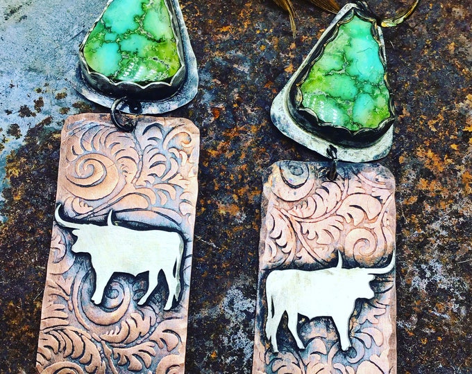 Longhorn love earrings by Weathered Soul made to order so turquoise will vary, western style,cowgirl style,artisan jewelry,weathered soul