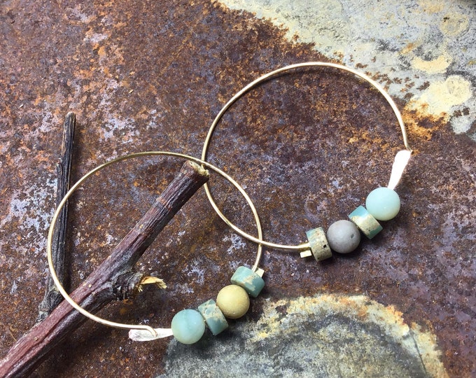 Through the ear simple bronze medium hoops, amazonite, Peruvian opal, minimalistic,classic,simplicity,urban chic