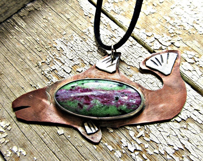 Fish, Trout, Copper, Artisan pendant necklace by Weathered Soul, rustic, sterling, wildlife, Salmon, Spawning, fish lover, fish necklace,USA