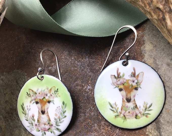 Buck and doe enamel earrings sweet soft muted tones of sea green and browns