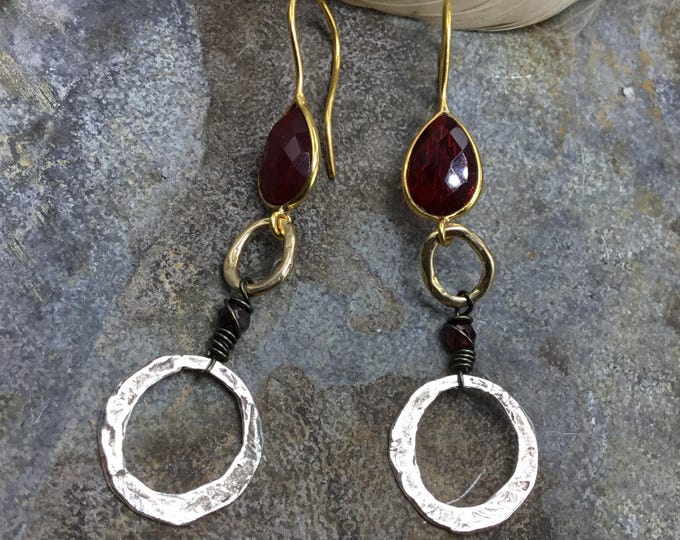 Garnet bronze and sterling drop hoops ,stunning color, photo shows darker than the stones really are, fun and festive with a bit of sparkle