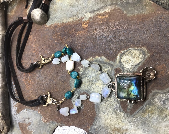 Large flash top quality labradorite pendant with rosary style hand wrapped chain with moonstone and pearl topped off with soft leather