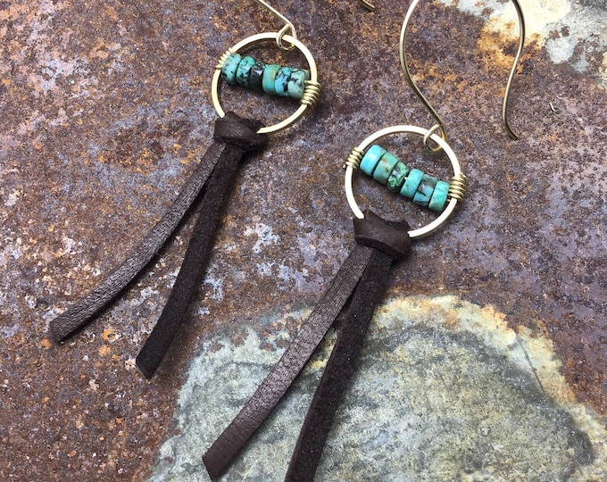 Tiny touch of cowgirl class earrings by Weathered Soul jewelry bronze and turquoise with a bit of soft chocolate leather, artisan crafted ..