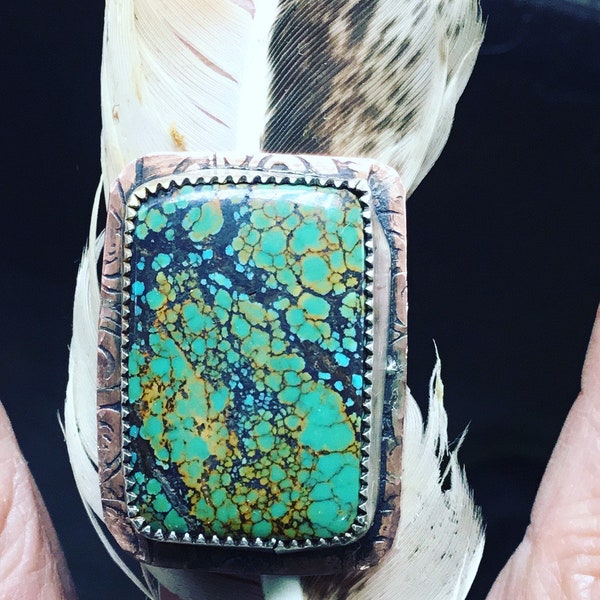 Green and black beautiful Hubei turquoise rectangular ring by Weathered Soul, artisan oxidized copper on sterling rustic band,cowgirl