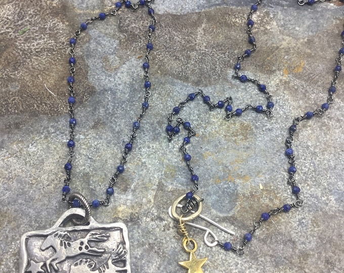 Over the mountains pony necklace by Weathered Soul with Lapis wire wrapped dainty long chain hook  eye closure with tiny bronze star detail