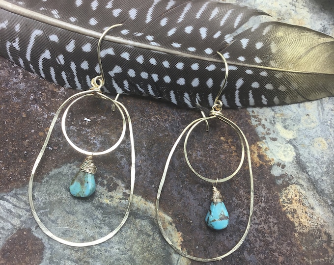 Dainty Gold Filled double hoops with turquoise, classy, urban, lightweight, Weathered Soul Jewelry, artisan, rustic hoops, USA, recycled