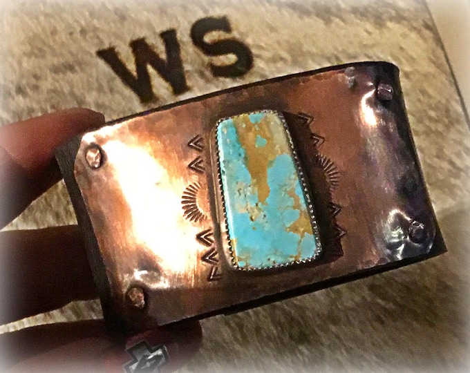 Featured listing image: Beautiful baby blue Royston turquoise set in silver on copper with distressed black leather band cuff bracelet by Weathered Soul,cowgirl