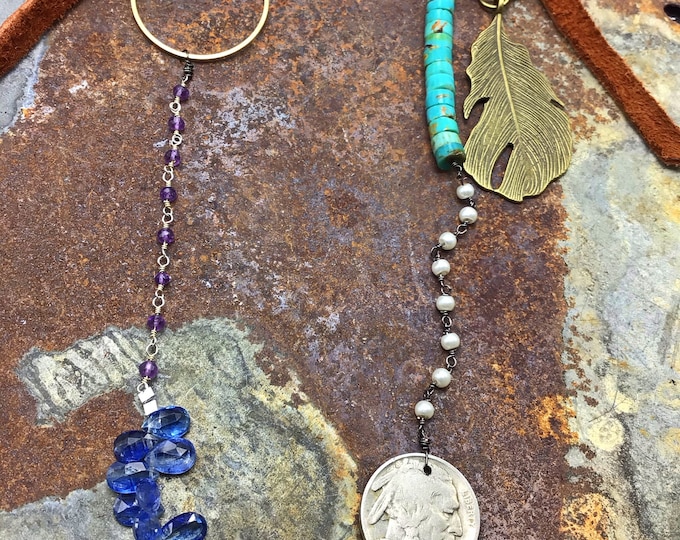 Long Voyage necklace, Weathered Soul, Kyanite, amethyst,pearls,moonstone and turquoise with vintage buffalo nickel and elk leather, cowgirl