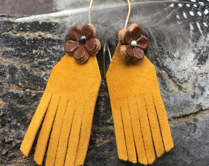 Sweet leather flower power artisan leather with leather bronze flowers, bronze ear wires,USA crafted