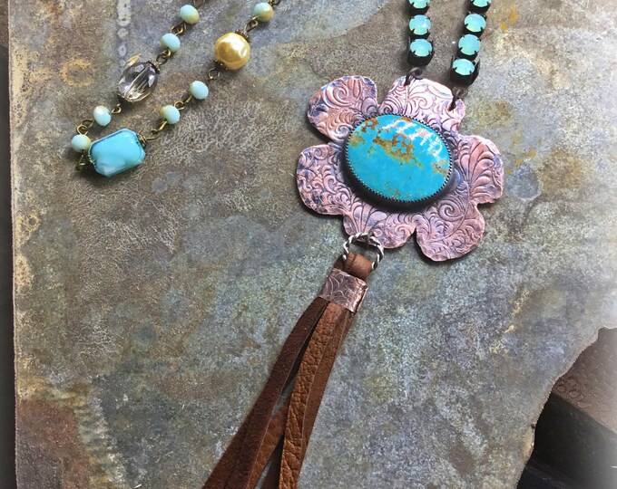 Made to order Flower Hippie large statement Nevada mined turquoise necklace a fun whimsical boho vibe on rustic copper with vintage accent