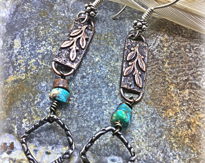 Dainty little leaf vines with sterling and turquoise sweet minimalist earrings with such class by Weathered Soul artisan jewelry
