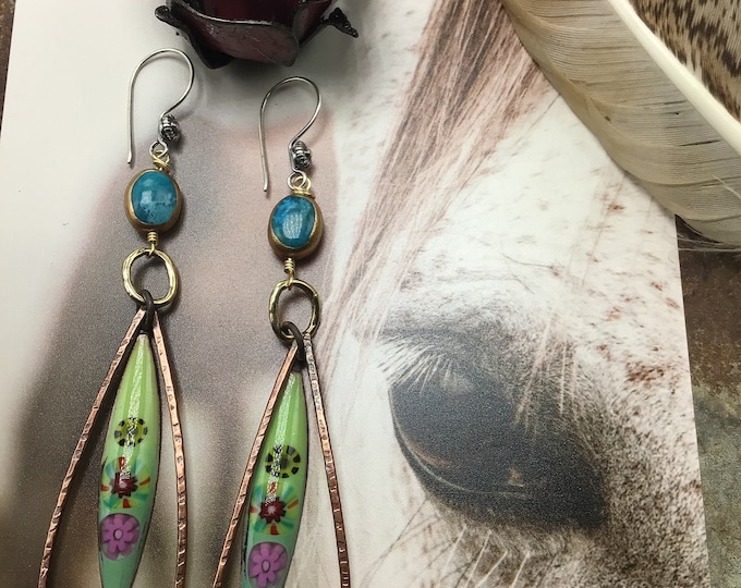 Rustic teardrop copper hoop earring with hand painted enamel charms and turquoise with bronze make these unique classy earring