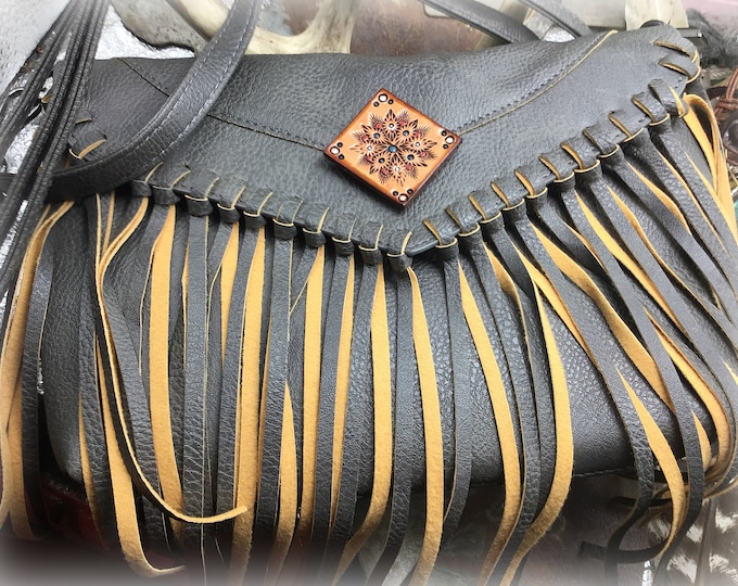 Faux leather boho fringe saddle tan purse with artisan leather handmade brooch on flap for just a fun touch of color, boho western