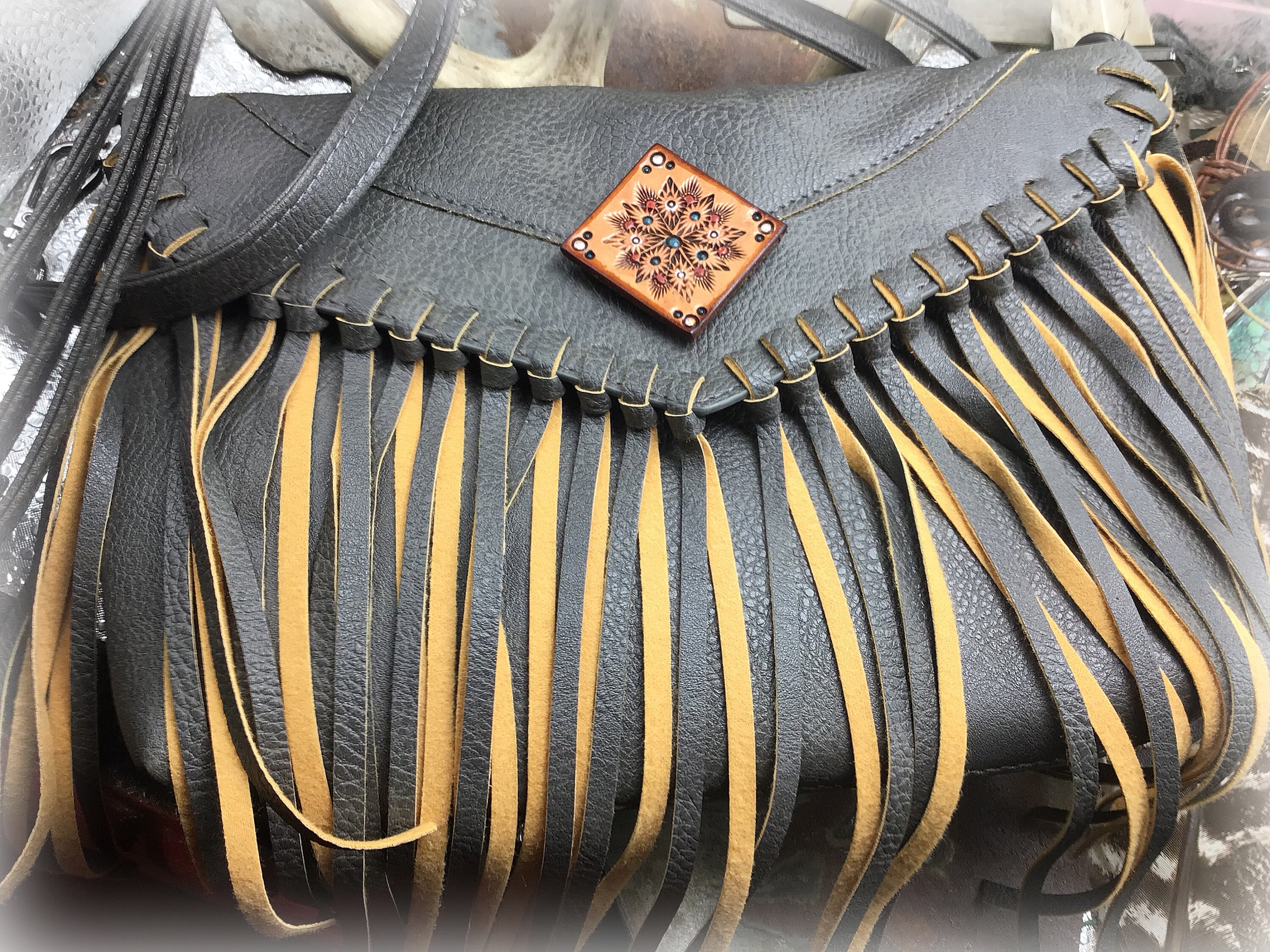 Faux leather boho fringe saddle tan purse with artisan leather handmade  brooch on flap for just a fun touch of color, boho western