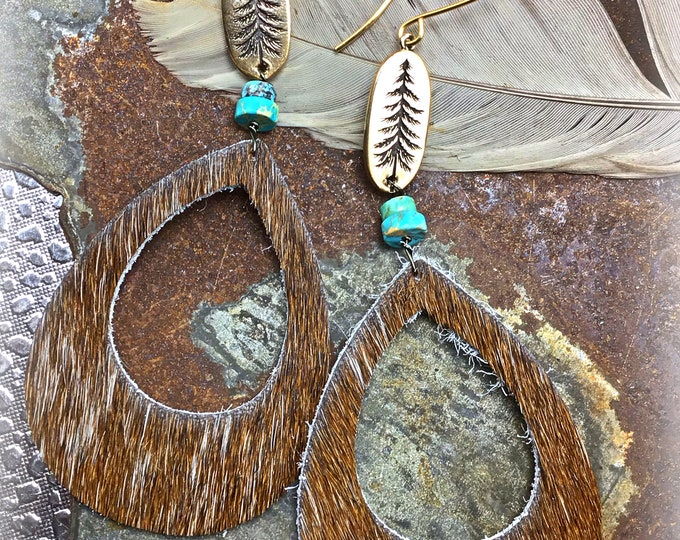 Large hair on hide hoops with turquoise and bronze trees,  rodeo ready