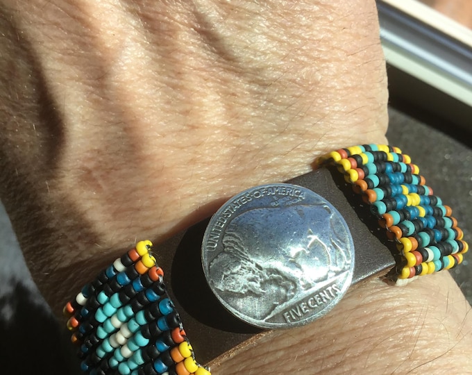 Leather narrow sweet buffalo nickel concho bracelet with bead work simple and classy western style by Weathered Soul jewelry two snap closer