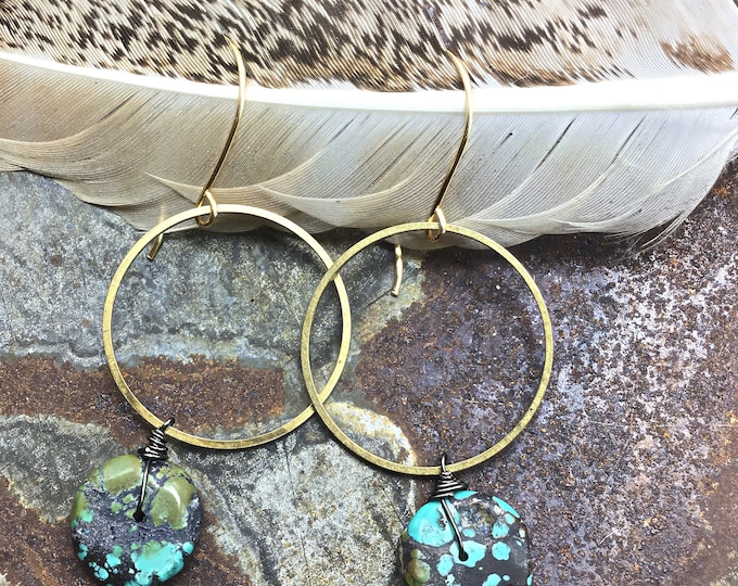 Bronze hoops with rustic turquoise round dangle, urban chic earrings by Weathered Soul jewelry, cowgirl vibe