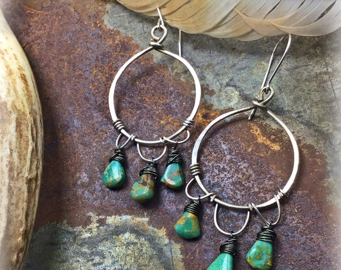 Made to order Large turquoise wire wrapped artisan hoops by Weathered Soul, teardrop stones, sterling, rustic hoops, cowgirl, southwest USA