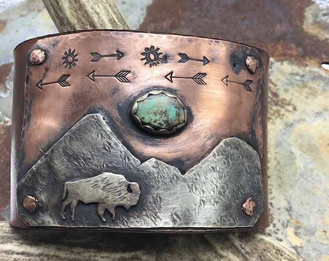 Made to order Buffalo Roam Cuff by Weathered Soul Jewelry, turquoise, arrows, bison, buffalo, vintage leather or recycled leather, USA art