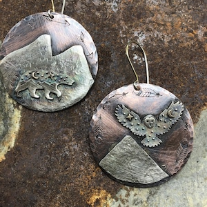 Walking bear and flying owl earrings by Weathered Soul rustic mountains, artisan nature lover earrings