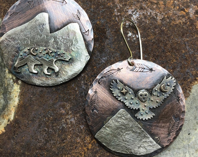 Walking bear and flying owl earrings by Weathered Soul rustic mountains, artisan nature lover earrings