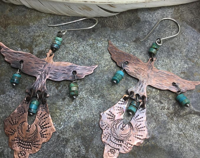 Free spirit raven oxidized copper sterling and turquoise earrings by Weathered Soul, bird enthusiast,outdoor wildlife,rustic jewelry