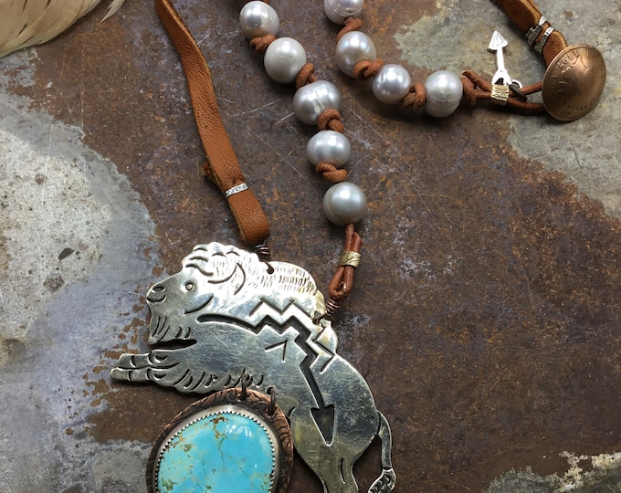 My Buffalo jumped over the moon necklace by Weathered Soul, upcycled vintage huge pendant with blue moon turquoise on copper with pearls