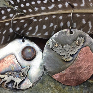 Coyote and flying owl make a great duo with these fun outdoor wildlife scenic earrings by Weathered Soul jewelry, artisan,rustic,USA