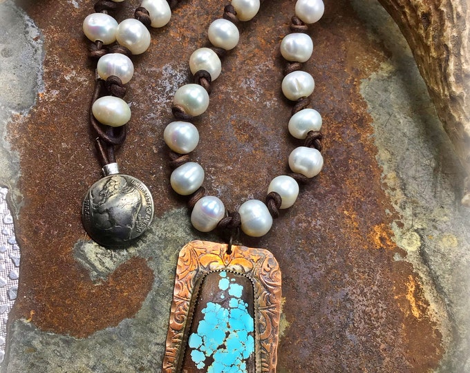 Statement large pearls and leather cowgirl necklace with very large turquoise pendant on embossed tooled copper buffalo nickel button