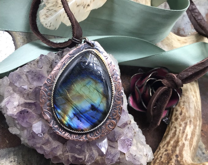 Very large statement flashy labradorite pendant with soft elk leather