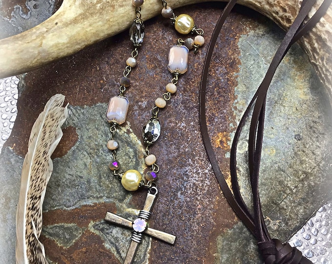 My precious Savior necklace by Weathered Soul jewelry,vintage inspired handmade chain, leather, rustic cross, inspirational