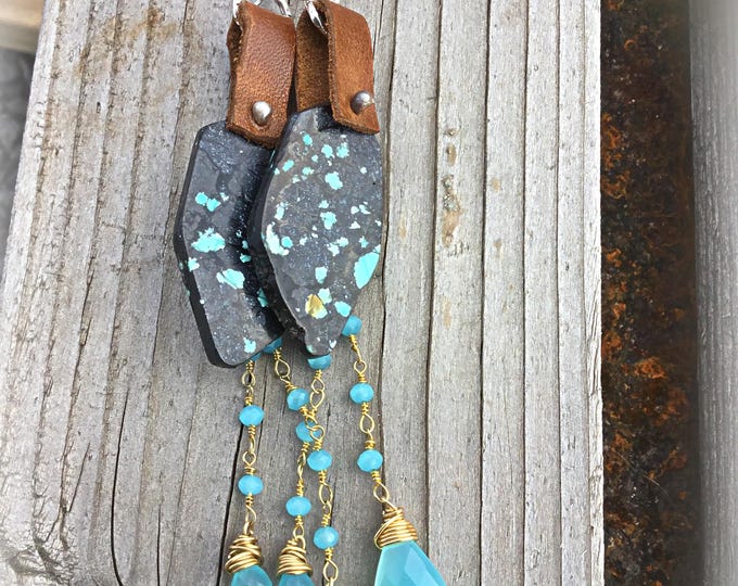 Long dangle turquoise slab earrings with leather and chalcedony drops, strong high western fashion vibe,beautiful by Weathered Soul