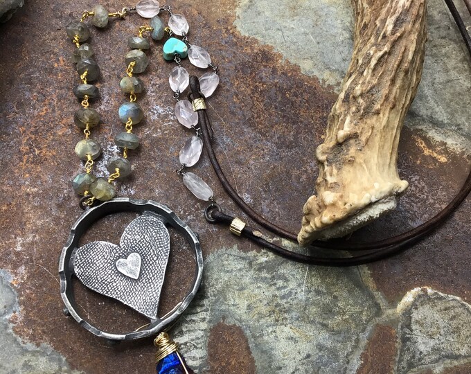 Large very rustic heart pendant necklace with moonstone and labradorite rosary style chain with Greek cord leather long over the head style