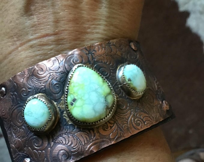 Featured listing image: Three stone Palomino turquoise stunning cuff bracelet on distressed copper and black leather by Weathered Soul jewelry. Western statement!