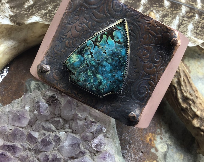 Soft blush pink leather cuff with a beautiful arrow head turquoise stone bezel set in sterling on copper, two inch wide leather,statement