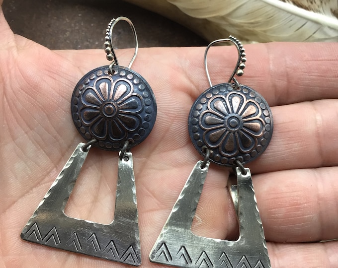 Western vibe earrings with rustic flower concho oxidized in copper with nickel silver stamped bottoms and ball ear wires