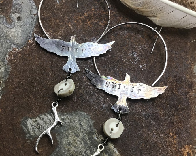 Free spirit very large sterling hoops with ravens in flight,deer antler horn and antler silver drops free spirit earrings