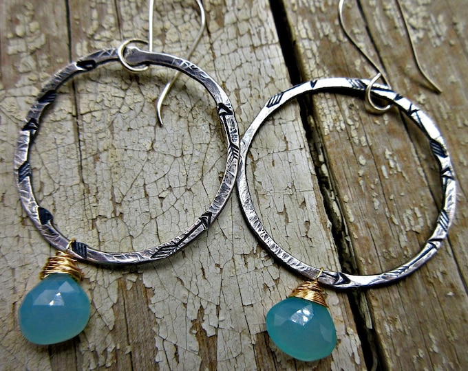 Rustic hammered large circle hoops with embossed arrows and chalcedony bronze wire wrapped stones by Weathered Soul TM, artisan, USA,urban