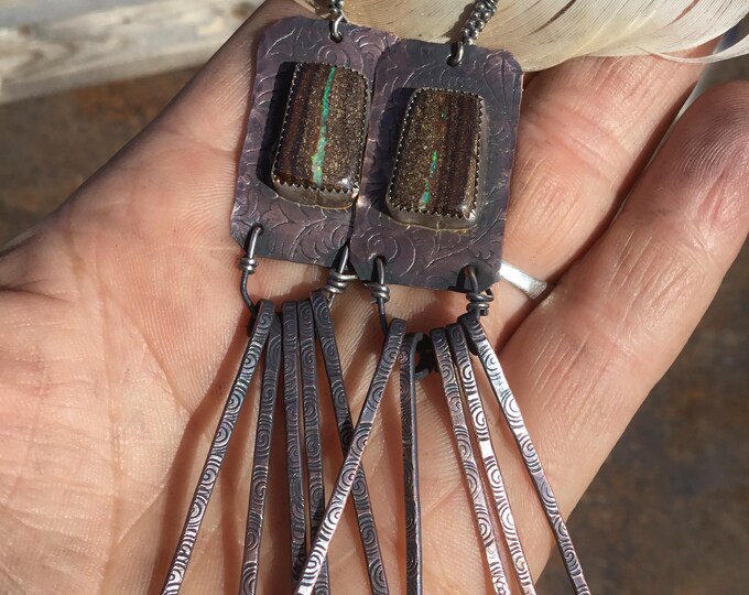 Ribbon Boulder Opal incredible stoned rustic tooled copper fringe earrings by Weathered Soul jewelry,artisan Cowgirl,urban,boho western