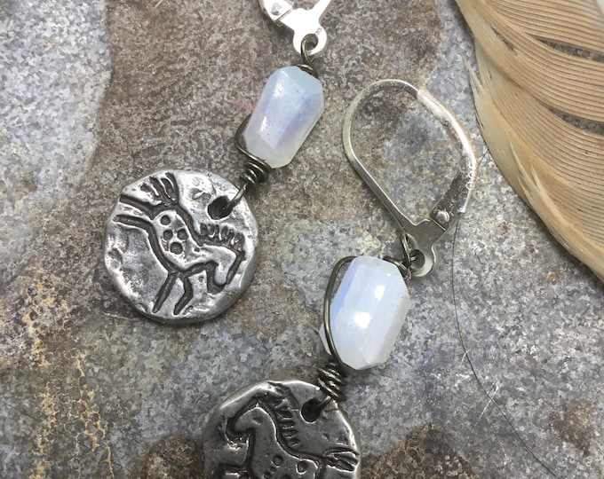 Itty bitty primitive pony earrings with moonstone and sterling French clip ear wires by Weathered Soul artisan jewelry