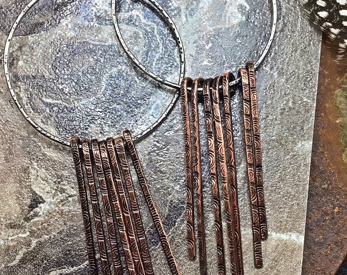 Incredible long rockstar hoops in Sterling with copper patterned drop hammered rustic fringes