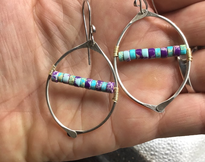 More complicated than I look sterling hoop earrings with turquoise and purple imperial jasper wire wrapped in bronze wire