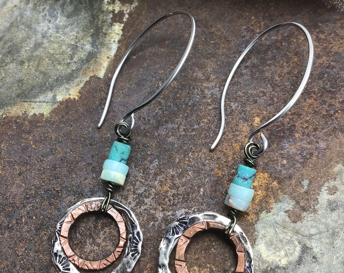 Dainty rustic double sterling and copper hoops with embossed stamping and Peruvian Opal and turquoise with fun long ear wires, urban rustic