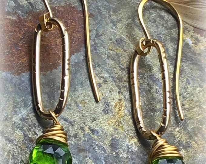 Sweet dainty classic narrow oval bronze hoops with Peridot,Sundance style,minimalist chic