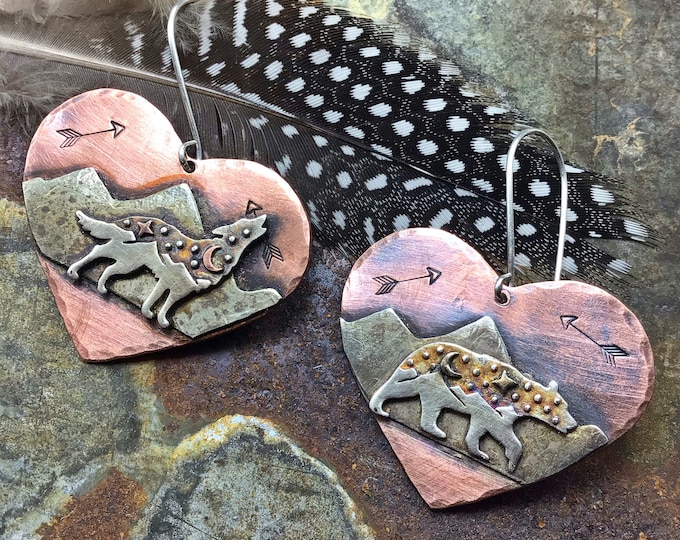 Walking Bear,Howling Wolf earrings by Weathered Soul, large rustic  copper and sterling, wildlife lover, nature inspired