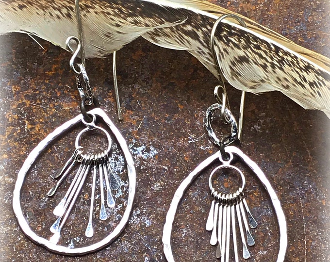 Very light and flashy silver and bronze hoop earrings with added center fringe, minimalist chic,urban cowgirl