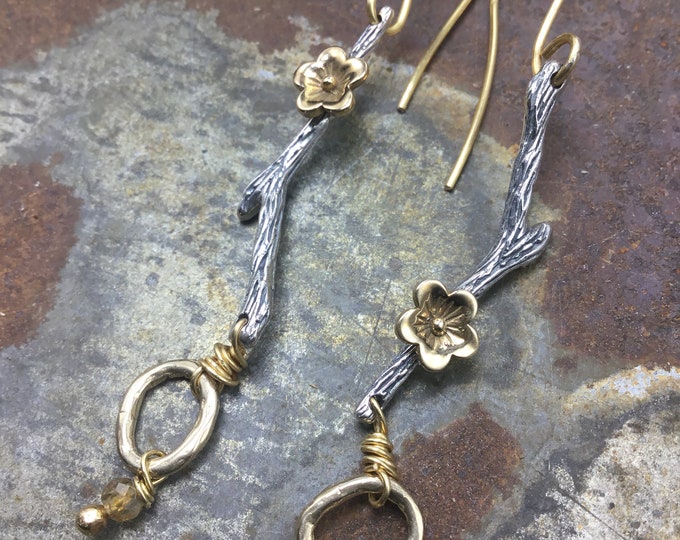 Spring in bloom earrings by Weathered Soul rustic sterling tree branches with bronze flowers and citrine dangling from these hoops,urban