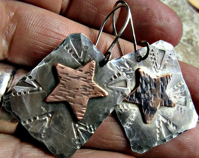 Rustic copper star on sterling silver embossed with a western design look, Weathered Soul jewelry, artisan made, celestial, western, cowgirl